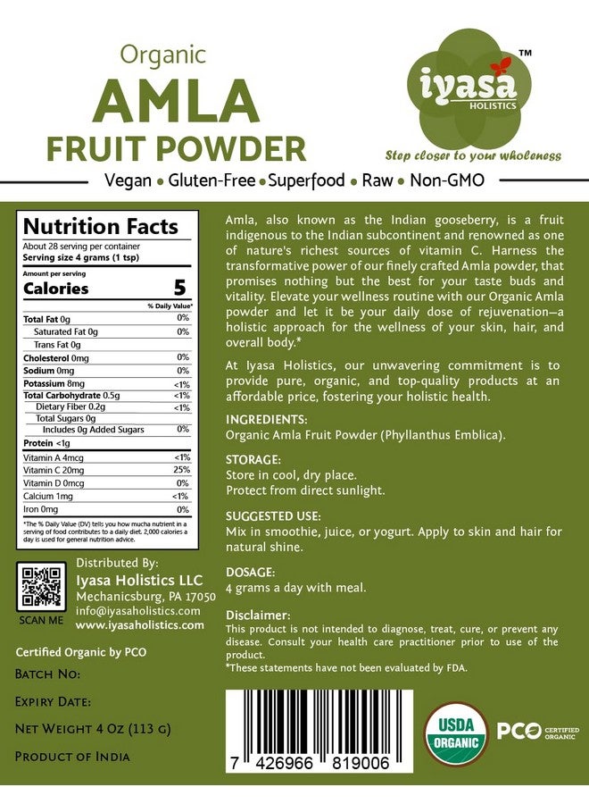 Iyasa Holistics مسحوق فاكهة الأملا العضوي، مسحوق توت الأمالاكي، عبوة تجريبية 4 أونصات/112 جرام، عضوي من وزارة الزراعة الأمريكية، غذاء خارق خام للبشرة والشعر، كيس قابل لإعادة الإغلاق 4 أونصات - Image 3