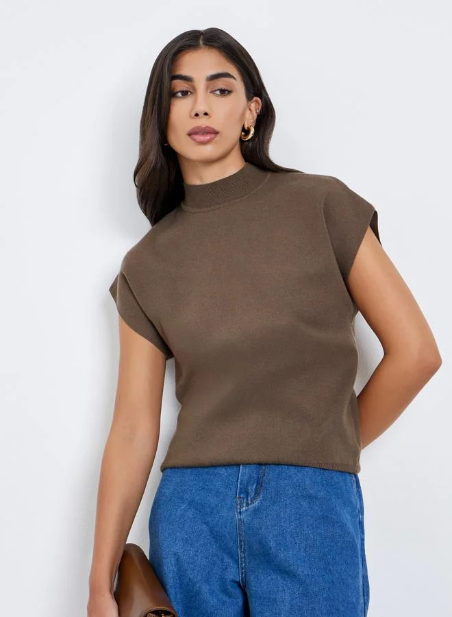 Styli Styli Brown Knit Top with Short Sleeves