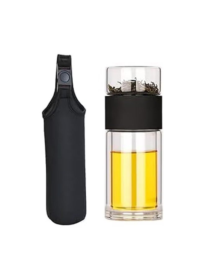 Arabest 350ML Glass Tea Infuser,Bottle Tea Flood Cup,Double Wall Portable Travel Tumbler Mug,Leakproof Tea Bottle with Strainer Carry,Tea water separating cup,Travel Mug-Black with CUP Sleeve  - Image 1