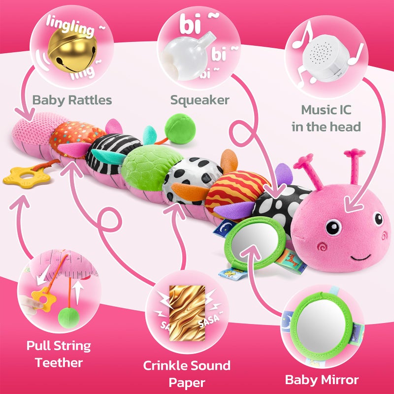 HEMRLY Baby Sensory Toy 0-6 Months, Musical Stuffed Caterpillar Plush with Teether, Crinkle, Rattle, Baby Mirror for Tummy Time, Infant Car Seat Toy for 0-3-6-12 Month Boys Girls Gifts - Winged Pink - Image 3
