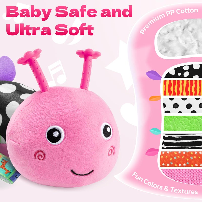 HEMRLY Baby Sensory Toy 0-6 Months, Musical Stuffed Caterpillar Plush with Teether, Crinkle, Rattle, Baby Mirror for Tummy Time, Infant Car Seat Toy for 0-3-6-12 Month Boys Girls Gifts - Winged Pink - Image 2
