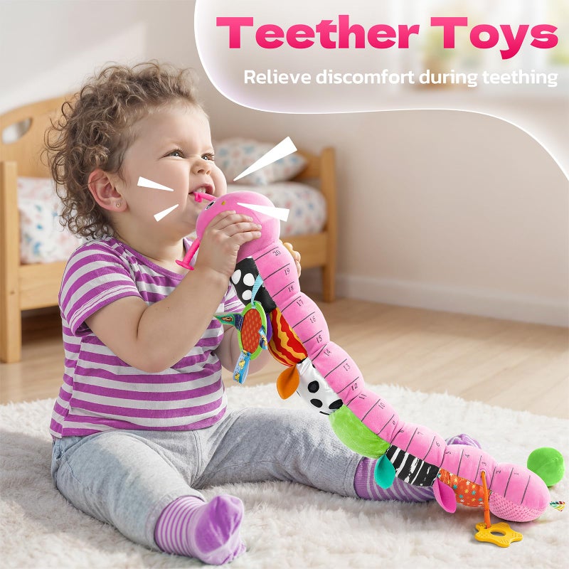 HEMRLY Baby Sensory Toy 0-6 Months, Musical Stuffed Caterpillar Plush with Teether, Crinkle, Rattle, Baby Mirror for Tummy Time, Infant Car Seat Toy for 0-3-6-12 Month Boys Girls Gifts - Winged Pink - Image 4