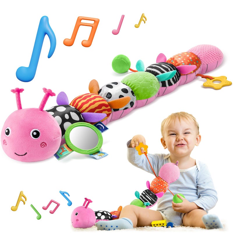 HEMRLY Baby Sensory Toy 0-6 Months, Musical Stuffed Caterpillar Plush with Teether, Crinkle, Rattle, Baby Mirror for Tummy Time, Infant Car Seat Toy for 0-3-6-12 Month Boys Girls Gifts - Winged Pink - Image 1