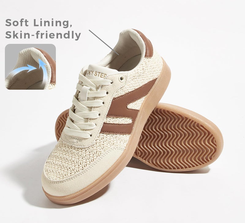 LUCKY STEP Women Classic Retro Gum Sole Fashion Sneakers Casual Tennis Skate Shoe Genuine Leather Walking Footwear Anti Slip Trainers(Beige/Brown W,9) - Image 4