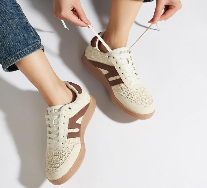 LUCKY STEP Women Classic Retro Gum Sole Fashion Sneakers Casual Tennis Skate Shoe Genuine Leather Walking Footwear Anti Slip Trainers(Beige/Brown W,9) - Image 2