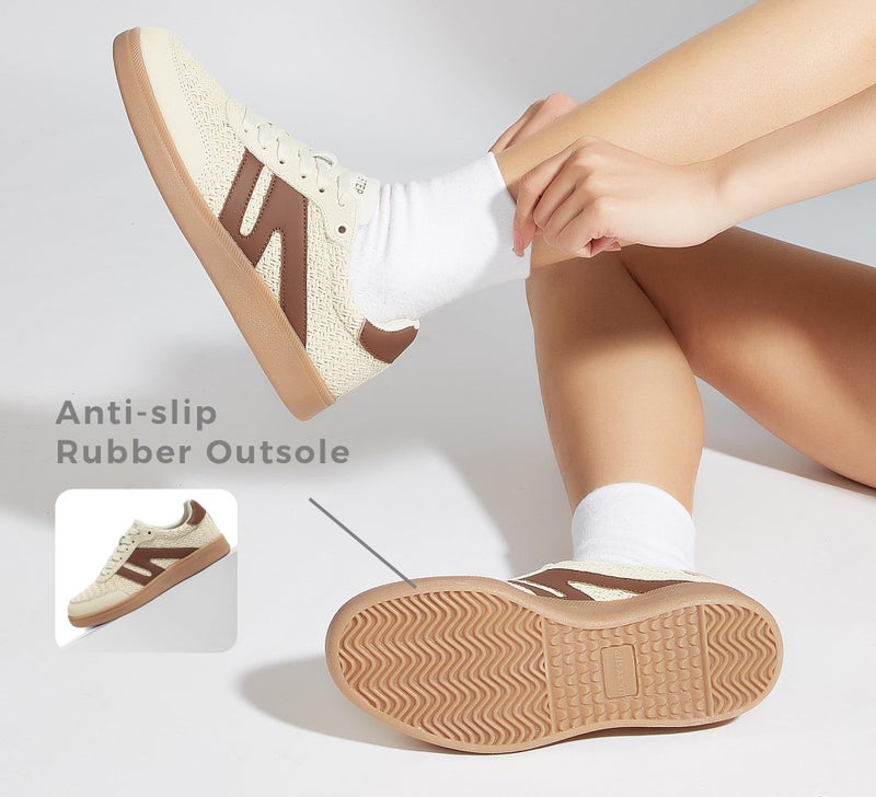 LUCKY STEP Women Classic Retro Gum Sole Fashion Sneakers Casual Tennis Skate Shoe Genuine Leather Walking Footwear Anti Slip Trainers(Beige/Brown W,9) - Image 3