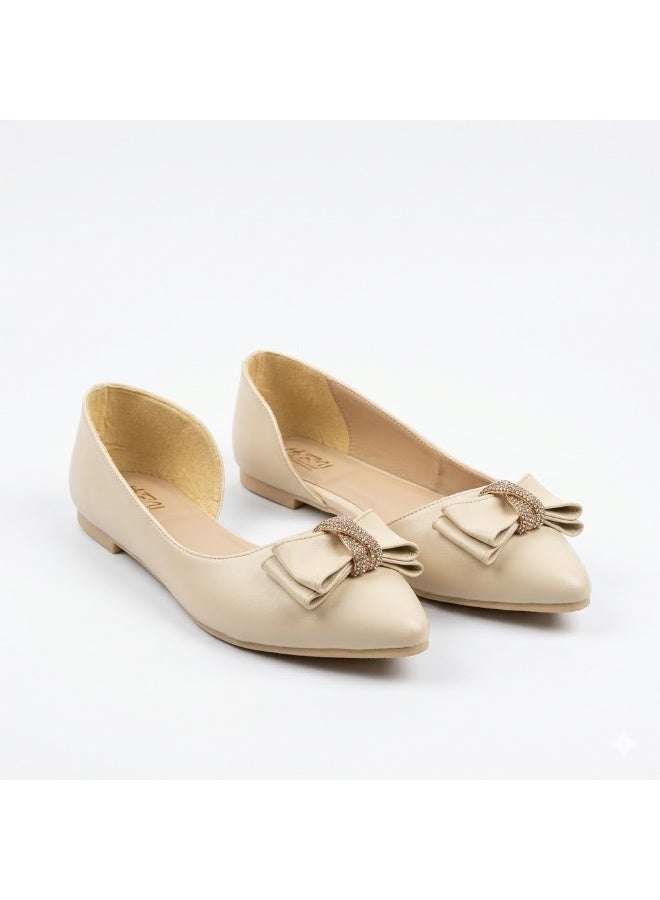 لايف ستيلاش  باليرينا مسطحة من الجلد مع ربطة أنيقة BN-520 - بيج - Image 1