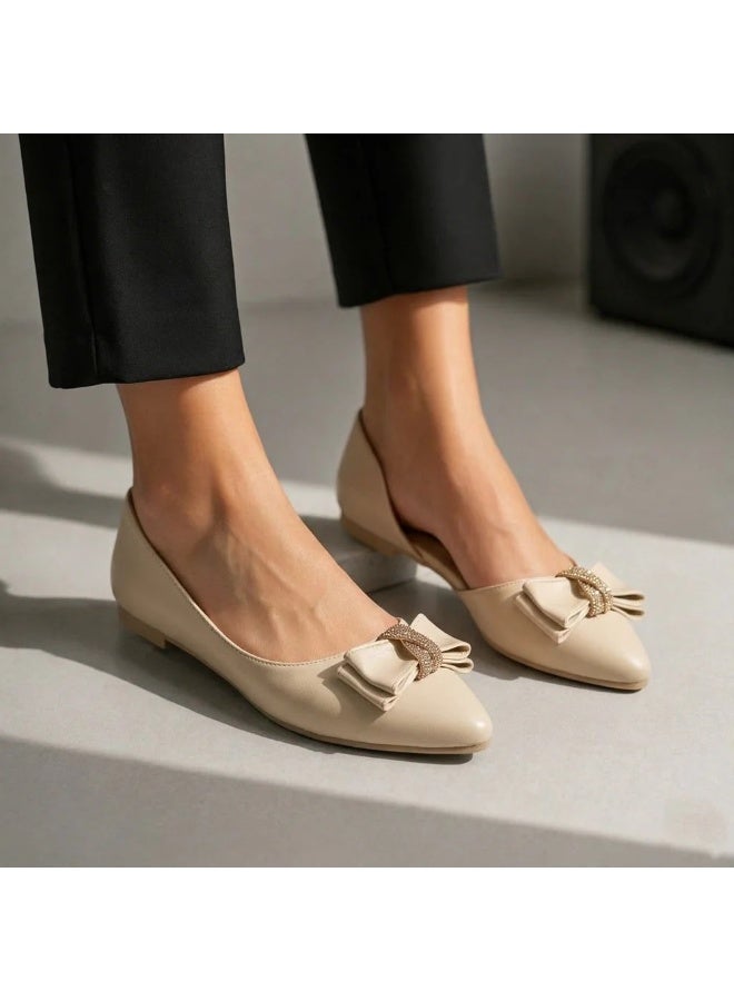 لايف ستيلاش  باليرينا مسطحة من الجلد مع ربطة أنيقة BN-520 - بيج - Image 1