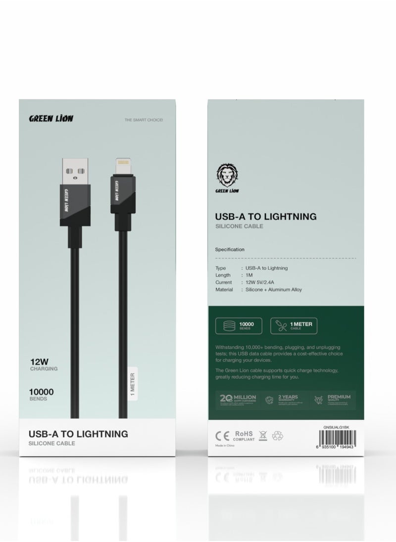 GREEN LION USB-A to Lightning 1 Meter Silicone Cable 12W / Wide Compatible / Charge & Sync / Secure & Safe / +10000 Bends / Supports Quick Charge Technology - Black  - Image 2