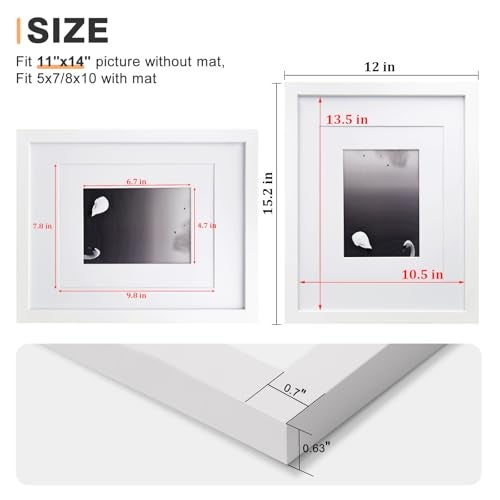 Egofine 11x14 Picture Frames Set of 4, Made of Solid Wood Covered by Plexiglass 5x7 and 8x10 with Mat or 11x14 without Mat, for Table Top Display and Wall Mounting Photo Frame White - Image 3