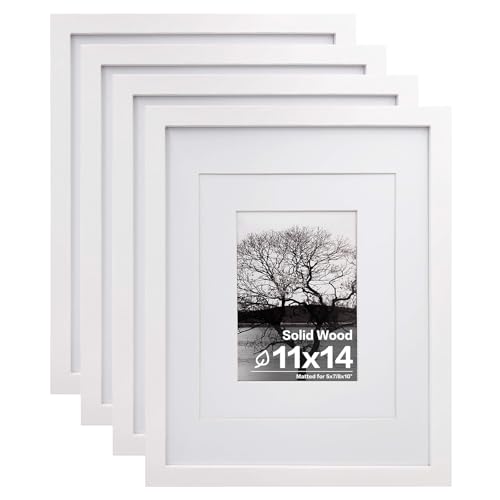 Egofine 11x14 Picture Frames Set of 4, Made of Solid Wood Covered by Plexiglass 5x7 and 8x10 with Mat or 11x14 without Mat, for Table Top Display and Wall Mounting Photo Frame White - Image 1