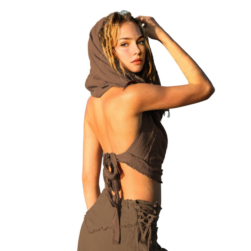 CosInStyle Women's Crop Tank Top - Halter, Boho Open Back, Cross Wrap Swimsuit Cover Ups, 100% Cotton Bathing Suit Coverup(US, Alpha, One Size, Regular, Regular, Dark Brown) - Image 4
