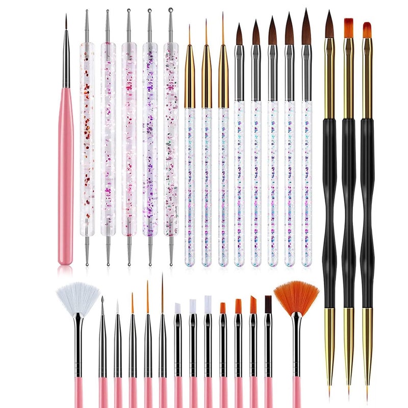 FILFEEL 31Pcs Professional Nail Brush Pen Set for Art Liner, Gel & Acrylic Nail DIY Design Tools (Pink) - Image 1