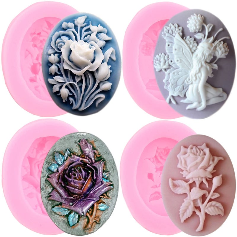 ZiXiang Cameo Rose Flower Silicone Molds Angel Fairy Fondant Mold For Chocolate Cake Decoration Cupcake Topper Candy Gum Paste Set Of 4