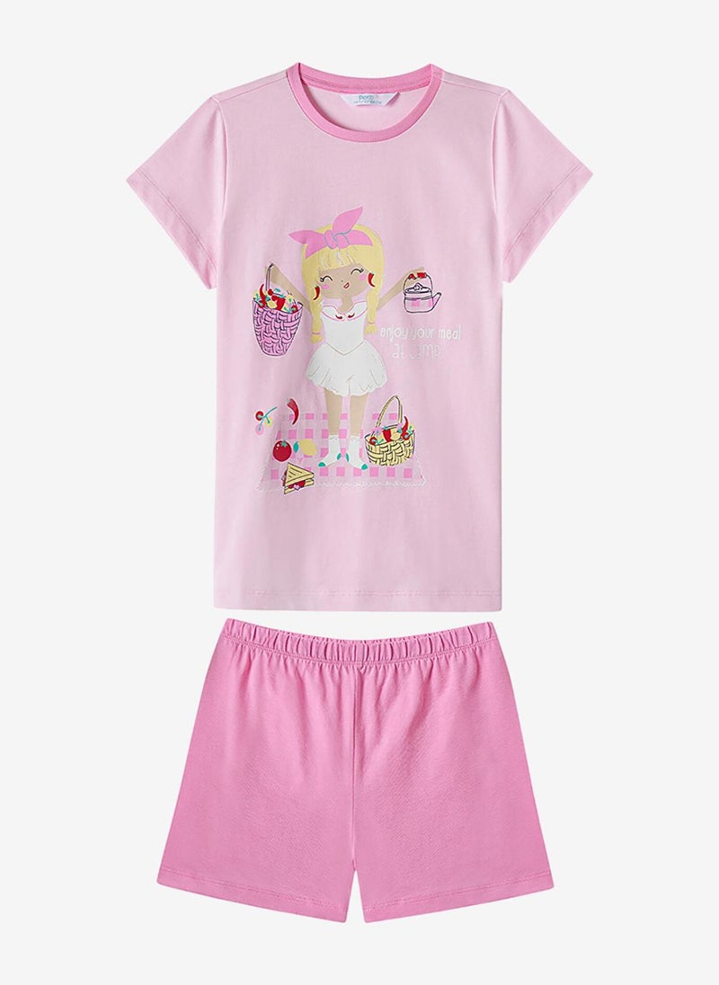 Penti Girls' Pink Mix Sleeveless Cotton Pyjama Set with Shorts - Image 2