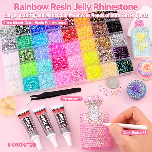 GA&EN 40000Pcs Jelly Rhinestones for Bedazzling Kit, Multi-Color 3mm Resin Flatback Gems with 3Pcs 10ml B7000 Jewelry Glue, Bedazzled Crystal for DIY Crafts Clothing Nail Art Makeup - Image 2