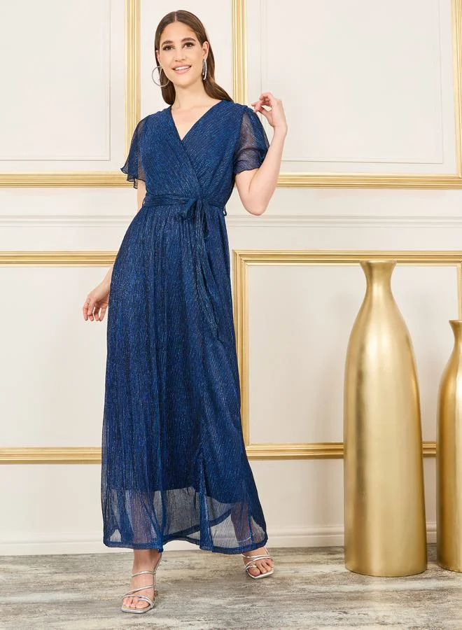 ستايلي Shiny Plisse A-Line Maxi Dress with Self Tie Up