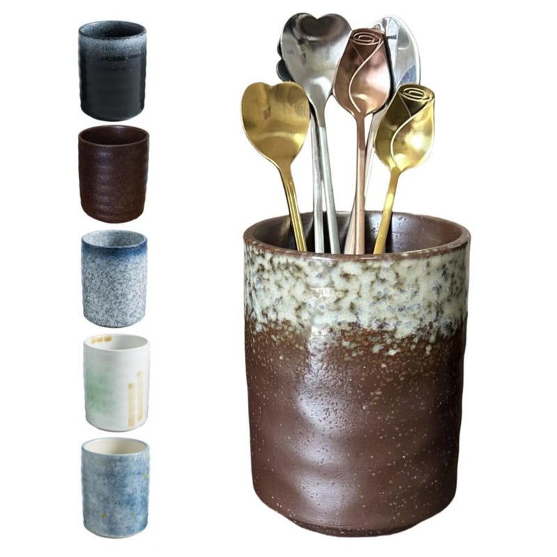 Stoneware Coffee Bar Utensil Holder Tea Coffee Spoon Stirrer Holder for Stir Stick Straw Teaspoon Holder Spoon Cup Small Utensil Jar Retro Rustic Brown