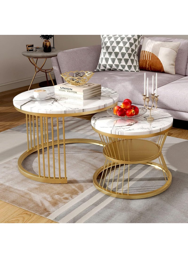 DECENT DECOR DECENT DECOR Round Table Set of 2 Coffee Tables with Gold Metal Frame Design Side Tables Table Combination Modern Sofa Table Coffee Table Bedside Table for Living Room Balcony Bedroom 