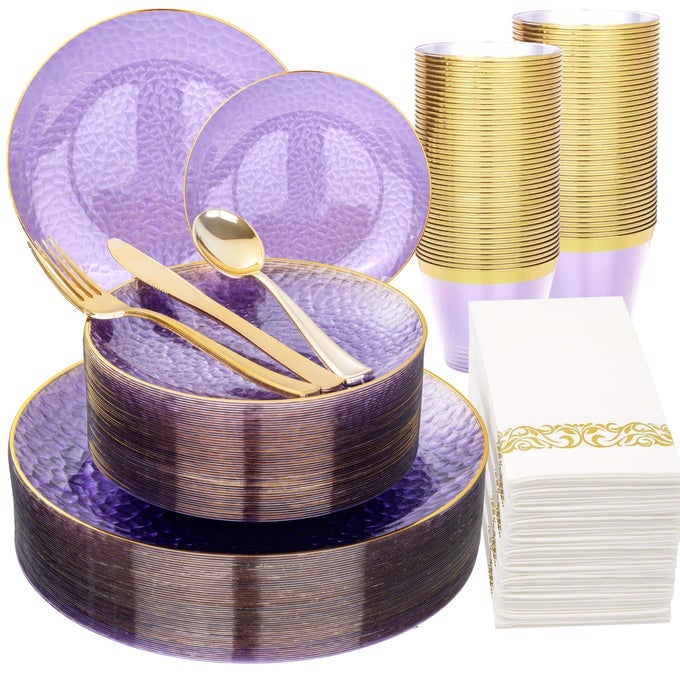 175 PCS PURPLE PLASTIC DINNERWARE SET 25 GUESTS CLEAR PURPLE PLATES WITH GOLD RIM HAMMERED PARTY PLATOS PLATES AND CUPS AND NAPKINS SETS FOR WEDDING PARTY