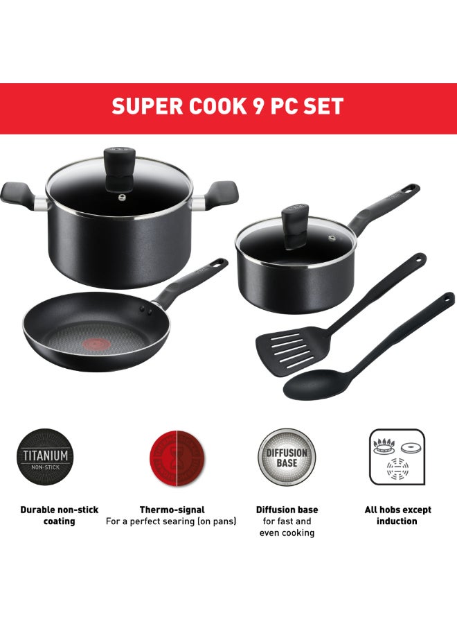 TEFAL Cookware Set of 7 Pieces | Super Cook | Frypan 24 cm/Saucepan 18 cm+lid/Stewpot 24 cm+Lid/Spoon/Slotted Spatula | Non-Stick with Thermo Signal | Aluminium | Black | 2 Years Warranty | B459S784 Black - Image 3