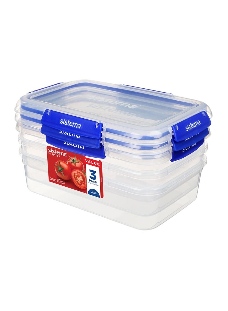 Sistema 2.2 Liter Klip it Rectangular stackable Food Container Pack of 3, built with leak proof seal + easy locking clips, is Microwave, dishwasher safe and Phthlate & BPA Free. - Image 1