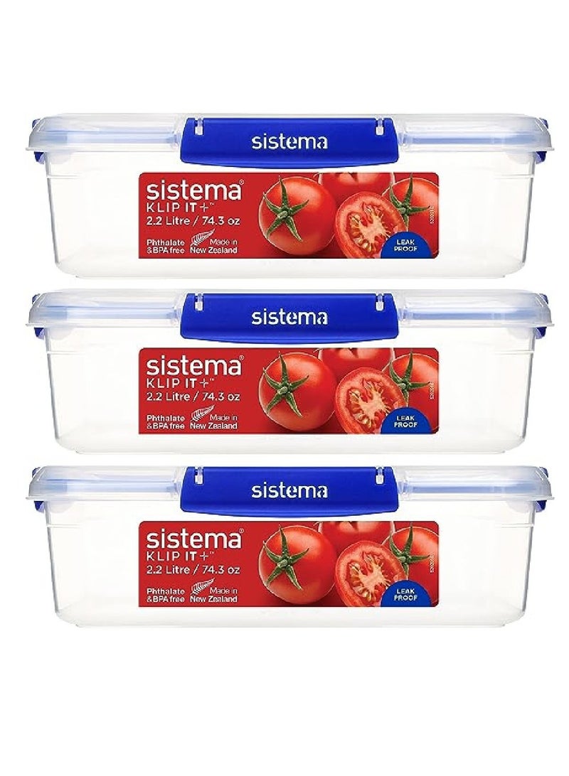 Sistema 2.2 Liter Klip it Rectangular stackable Food Container Pack of 3, built with leak proof seal + easy locking clips, is Microwave, dishwasher safe and Phthlate & BPA Free. - Image 2
