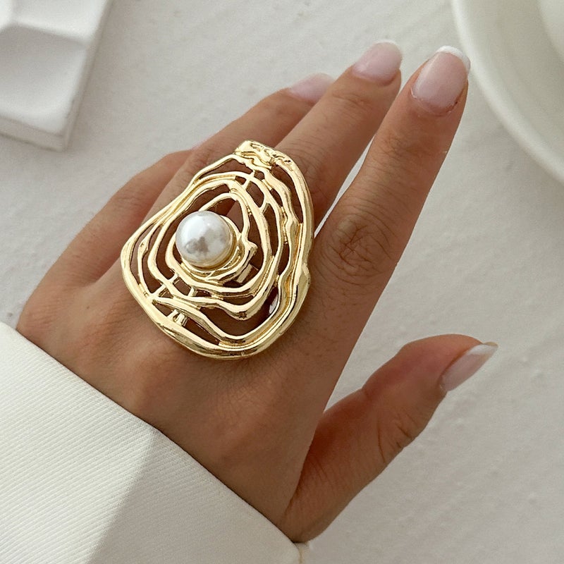 SHIXIN European and American Cross-Border Jewelry: Geometric Ripple Imitation Pearl Ring, Irregular Oval Alloy Wrap Ring - Image 3