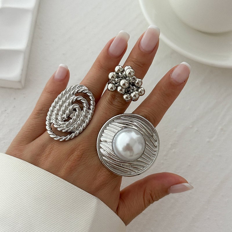 SHIXIN European and American Cross-Border Jewelry: Geometric Ripple Imitation Pearl Ring, Irregular Oval Alloy Wrap Ring - Image 2