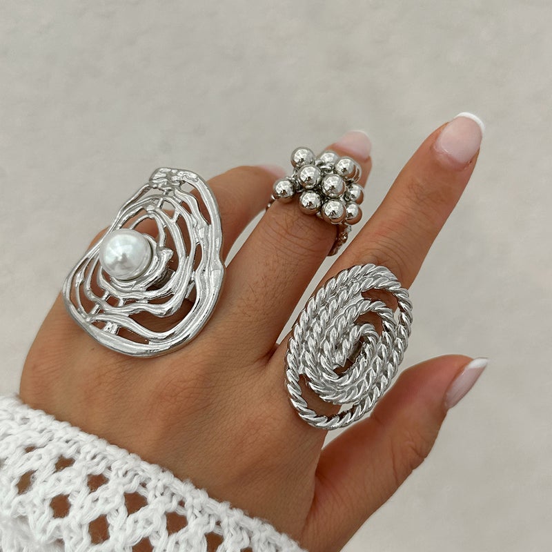 SHIXIN European and American Cross-Border Jewelry: Geometric Ripple Imitation Pearl Ring, Irregular Oval Alloy Wrap Ring - Image 1