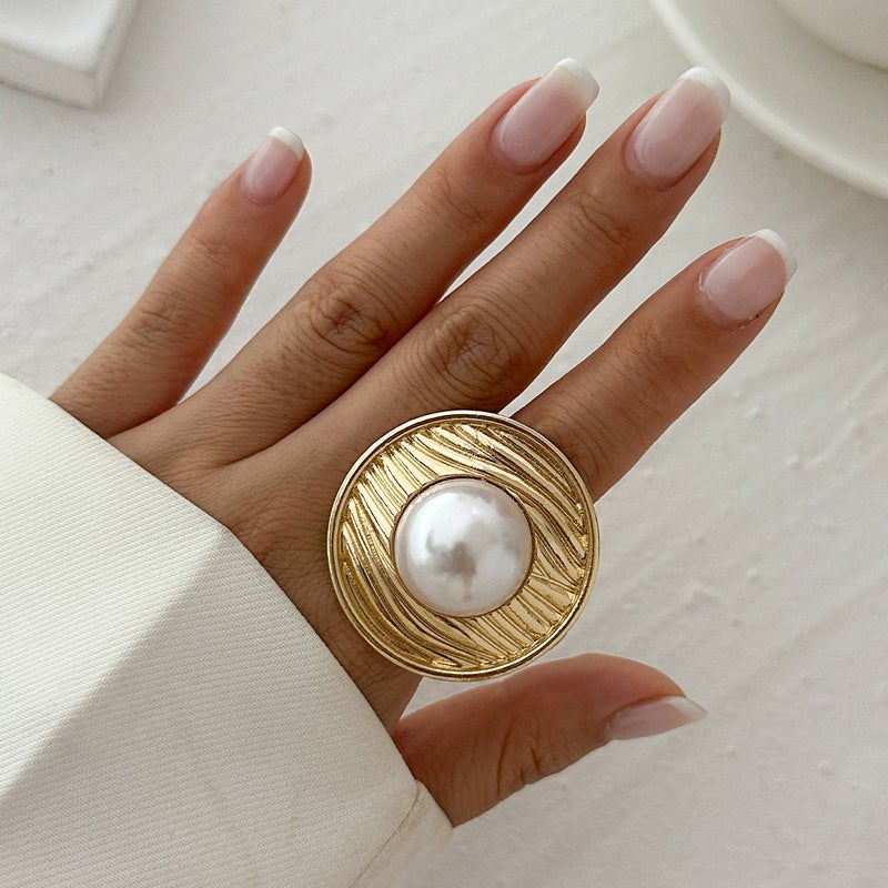 SHIXIN European and American Cross-Border Jewelry: Geometric Ripple Imitation Pearl Ring, Irregular Oval Alloy Wrap Ring - Image 4