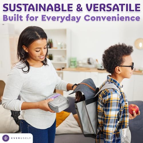 Everusely - Bento Box - Lavender, 47oz / 1.4 L - Large Stainless Steel Lunch Box with Leakproof Condiment Container - 3 Compartment Snack Organizer for On the Go Meals - Freezer & Dishwasher Safe - Image 3