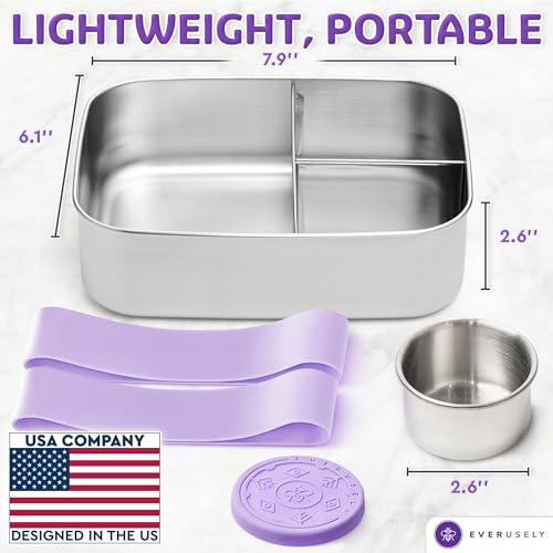 Everusely - Bento Box - Lavender, 47oz / 1.4 L - Large Stainless Steel Lunch Box with Leakproof Condiment Container - 3 Compartment Snack Organizer for On the Go Meals - Freezer & Dishwasher Safe - Image 2