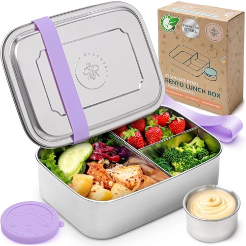 Everusely - Bento Box - Lavender, 47oz / 1.4 L - Large Stainless Steel Lunch Box with Leakproof Condiment Container - 3 Compartment Snack Organizer for On the Go Meals - Freezer & Dishwasher Safe - Image 1