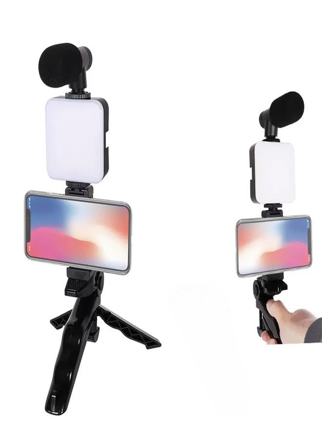 Vlogging Kit LED Video Light Microphone Mobile Phone Holder Hand Grip Mini Tripod Compatible with Smartphones for Live Streaming and Meetings  - Image 1