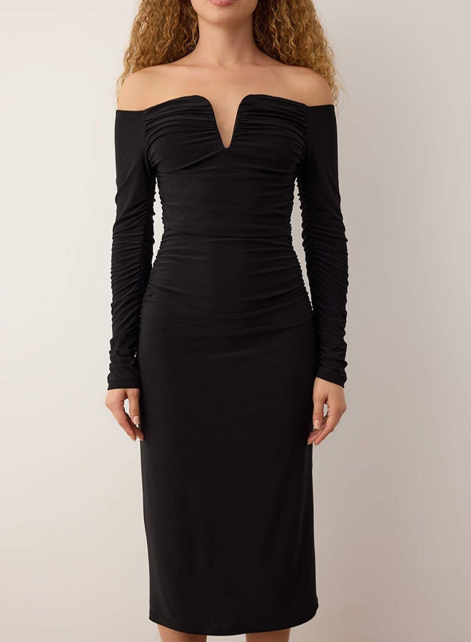 trendyol Black Body Fitting Carmen Collar Knitted Dress - Image 3