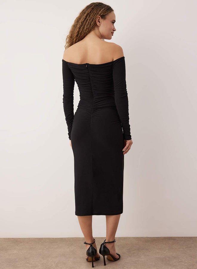 trendyol Black Body Fitting Carmen Collar Knitted Dress - Image 4