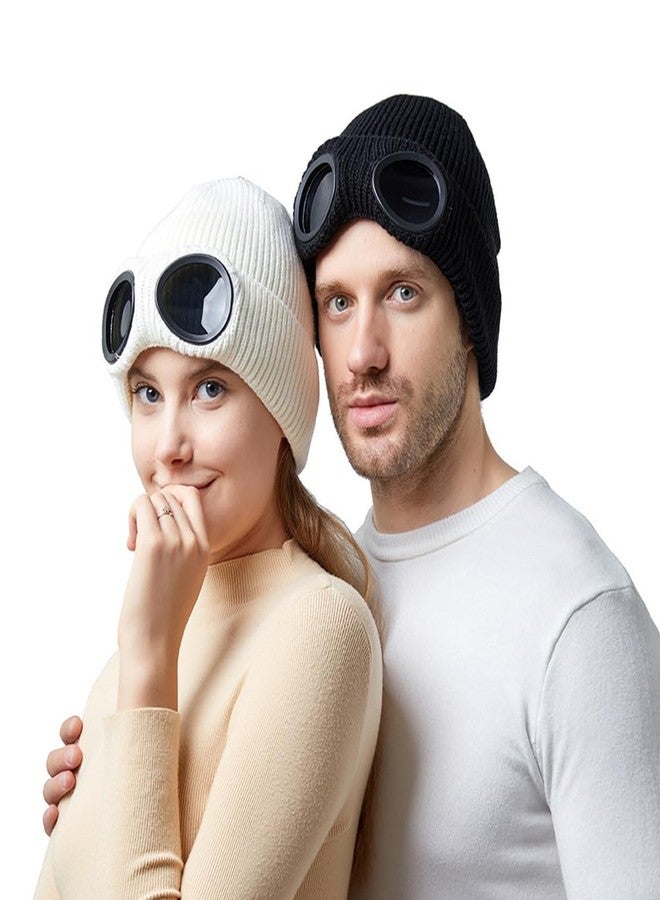 TecHong Unisex Knitted Goggles Beanie - Winter Stylish Skull Warm Cap, Outdoor Sports Fashion Fleece Lining Stretchy Hat Coffee - Image 4