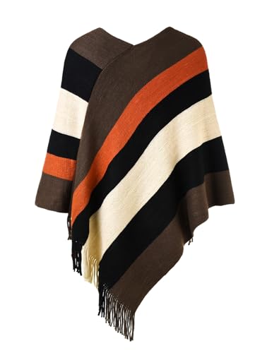 Ferand Women's Striped Poncho Sweater Cozy Knit Fringe Shawl Wraps for Fall Winter - Image 2