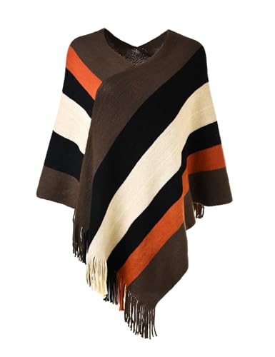 Ferand Women's Striped Poncho Sweater Cozy Knit Fringe Shawl Wraps for Fall Winter - Image 1