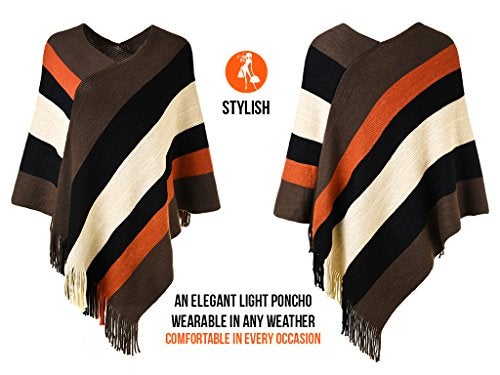 Ferand Women's Striped Poncho Sweater Cozy Knit Fringe Shawl Wraps for Fall Winter - Image 3