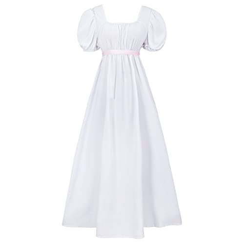 HEQU Regency Dresses for Women with Satin Sash Ruffle Empire Waist Dress Gown (M, White) - Image 1