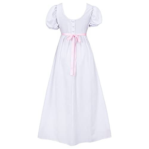HEQU Regency Dresses for Women with Satin Sash Ruffle Empire Waist Dress Gown (M, White) - Image 3