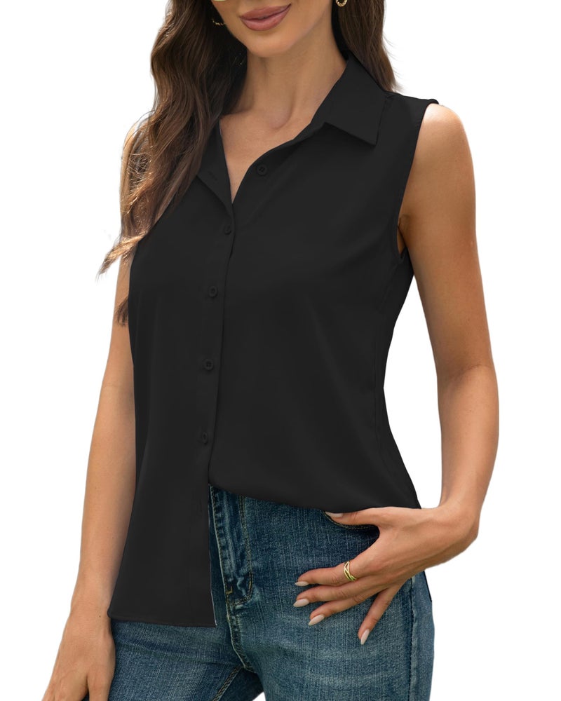 JTD Womenâ€™s Sleeveless Button Down Shirts Casual Collared Tank Top V Neck Summer Blouses Work Office Chiffon Tops Black - Image 1