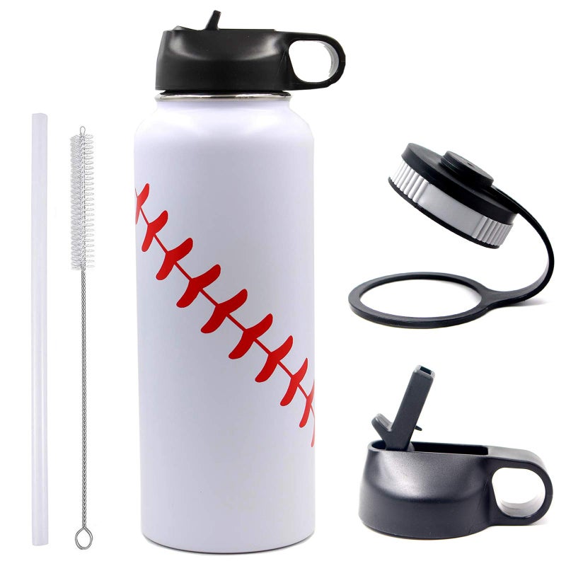 FMYWZS 40 oz Baseball Softball Water Bottle  Sports Flask Metal Travel Tumbler with 2 Lids 188 Stainless Steel Double Wall Vacuum Insulated (40oz  White baseball) 
