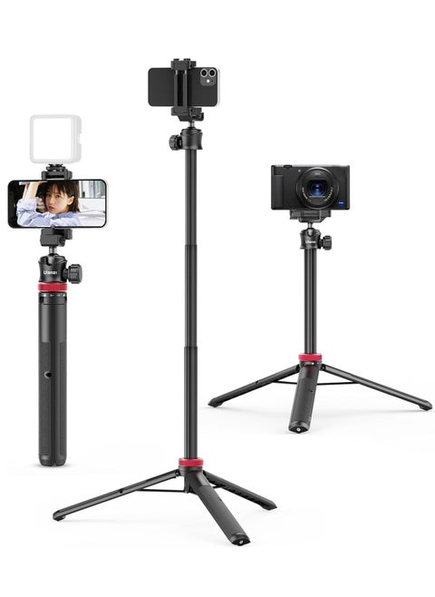 Extendable Phone Tripod, 150cm Selfie Stick Phone Vlog Tripod Stand with 2 in 1 Phone Clip, 360° Ball Head Camera Tripod for iPhone Sony Canon Action Camera, Lightweight for Travel