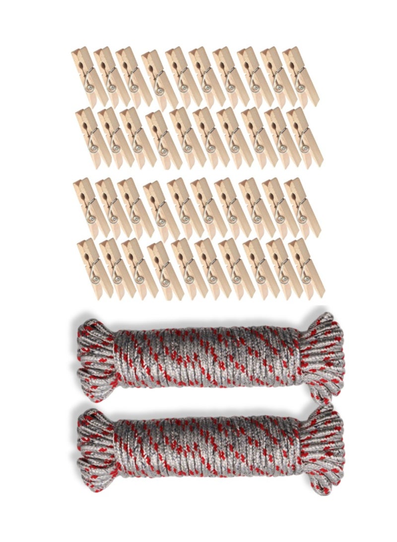 42-Piece Set | Laundry Drying Kit | 40 Wooden Clothespins with 2 Silver Polypropylene Lines (10m) | Sturdy Natural Wood Laundry Clips & Clotheslines for Indoor and Outdoor Drying, Craft Projects, and more