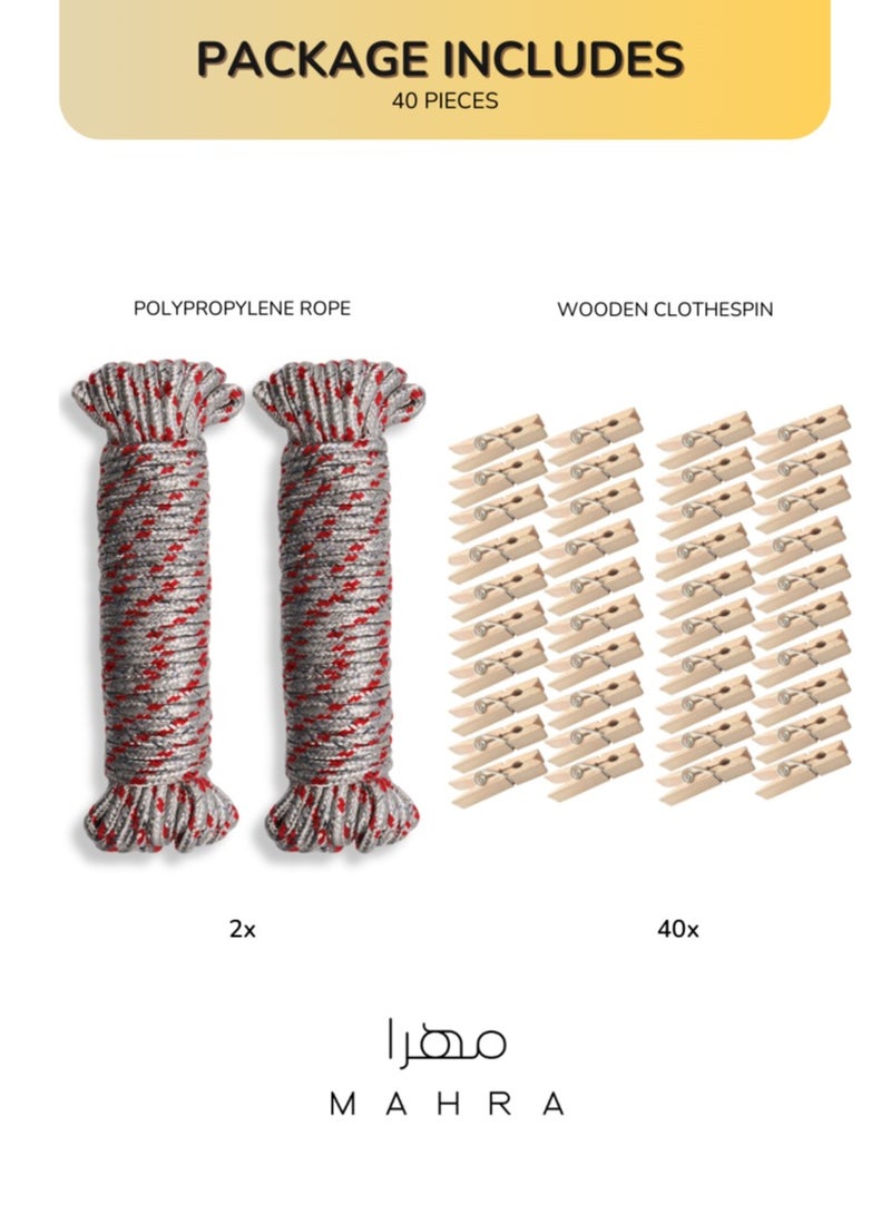 42-Piece Set | Laundry Drying Kit | 40 Wooden Clothespins with 2 Silver Polypropylene Lines (10m) | Sturdy Natural Wood Laundry Clips & Clotheslines for Indoor and Outdoor Drying, Craft Projects, and more