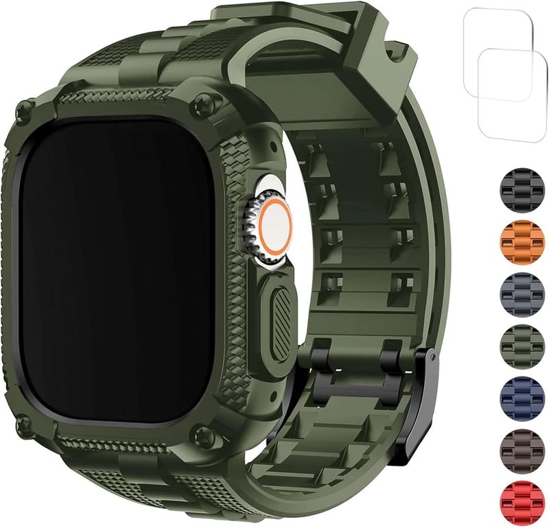 Fullmosa Compatible with Apple Watch Bands 49mm Rugged Apple Watch Strap Ultra with Bumper Case & Screen Protector for Men Women, Army Green - Image 1