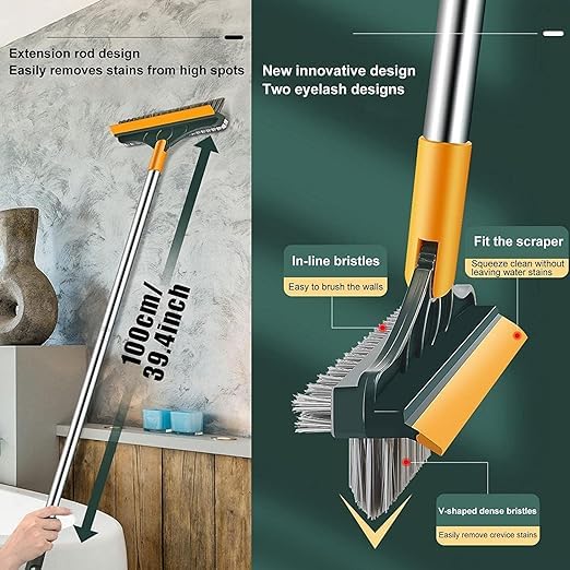 Zorzel Bathroom Cleaning Brush with Wiper 3 in 1 Tiles Cleaning Brush Floor Scrub with Long Handle 120 Rotate Bathroom Floor Cleaning Brush Home Kitchen Cleaning Accessories Multicolor - Image 3